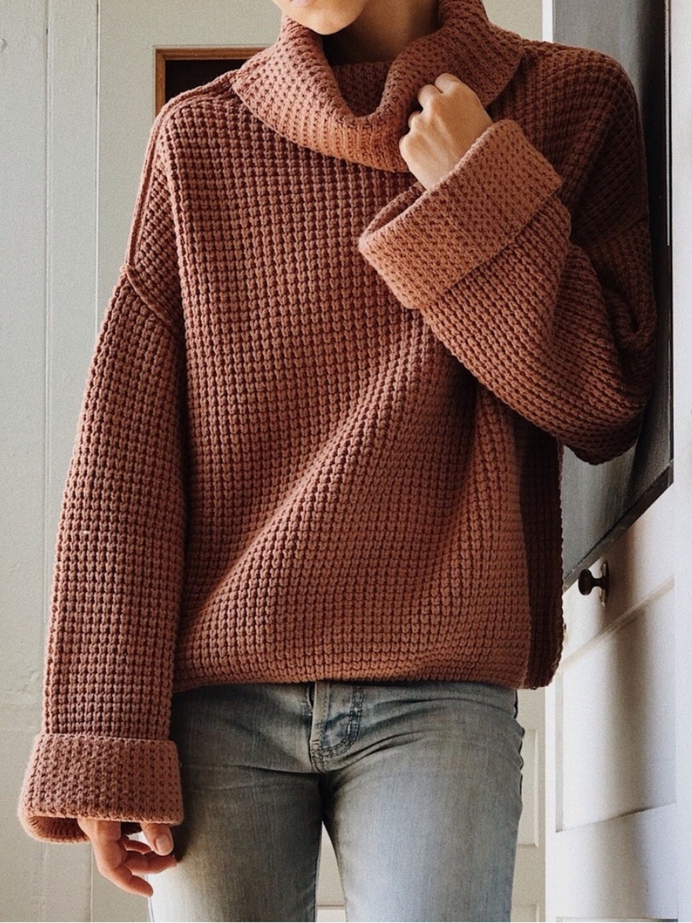 Free People Waffle Knit Bell Sleeve Cowl Neck Neutral Brown Knit Sweater XS